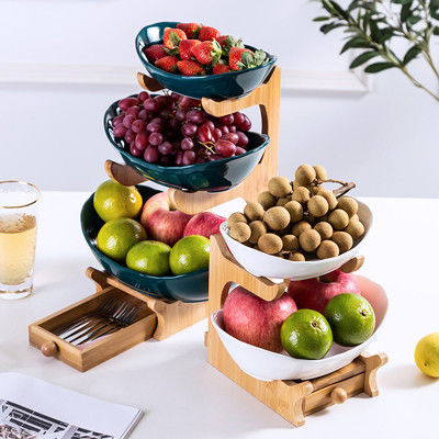 Witte Groene 2 Kom van het 3 Rij de Ceramische Fruit met Bamboe Houten Tribune voor Keukenteller