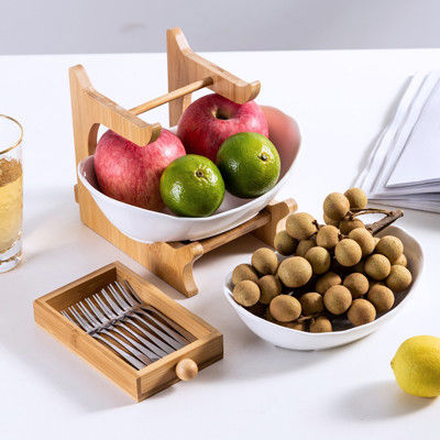 Witte Groene 2 Kom van het 3 Rij de Ceramische Fruit met Bamboe Houten Tribune voor Keukenteller