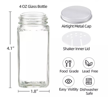 van het de Keuken de Vierkante Glas van 12pcs 120ml Flessen van het Kruidkruiken met Shaker Lids And Airtight Metal-Deksels