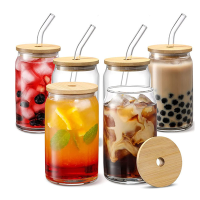 16oz ontruim Mason Soda Juice Glass Jars met Bamboedeksels en Glasstro