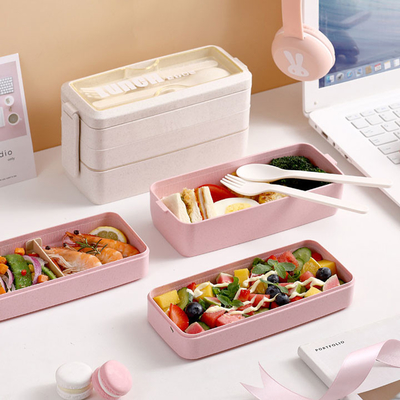 Tarwe Straw Rectangle de Lunchdoos van het 3 Laag Multicompartiment met Vork en Lepel