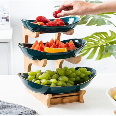Witte Groene 2 Kom van het 3 Rij de Ceramische Fruit met Bamboe Houten Tribune voor Keukenteller